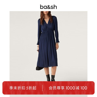 簡約優雅氣質V領百褶連衣裙女裝 裙子中長裙1H23KOLL 法式 bash秋季
