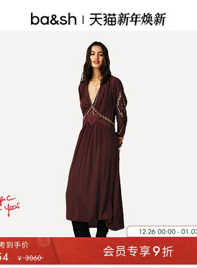 bash春季波西米亚风长袖收腰连衣裙法式中长裙1H25TANY