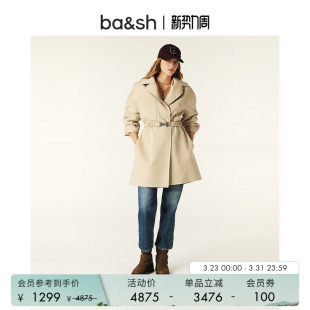 bash春季 羊毛混纺英伦风优雅简约翻领系带通勤大衣外套女1H24KARA