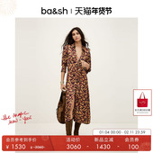 复古度假风印花V领长袖 bash春季 法式 收腰连衣裙茶歇长裙1H25NINF