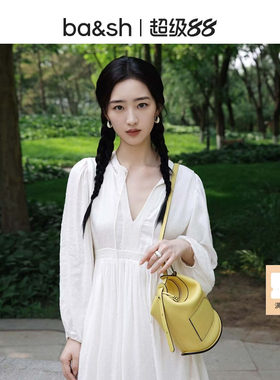 bash夏季知性少女法式气质双层裙摆垂坠感白色长袖连衣裙1E25PLUM