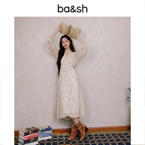 bash夏季柔影星点法式度假风V领印花长裙女士长袖连衣裙1H25KARL
