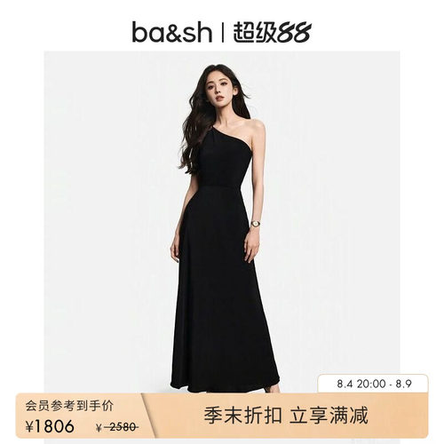 bash夏季法式斜肩小黑裙连衣裙新年晚会派对礼服连身长裙1E25FINN