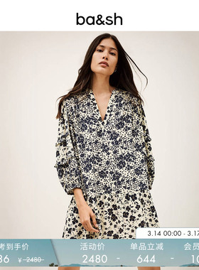 bash春季波西米亚度假风风法式印花连衣裙碎花裙子女短裙1H25MADY