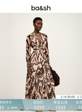 bash春季几何花韵法式复古度假风印花裙子V领长袖连衣裙1H25AMOR