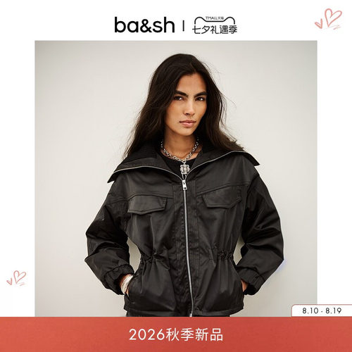 bash2026新款秋季休闲酷飒风黑色短外套翻领抽绳收腰夹克1H26INDR