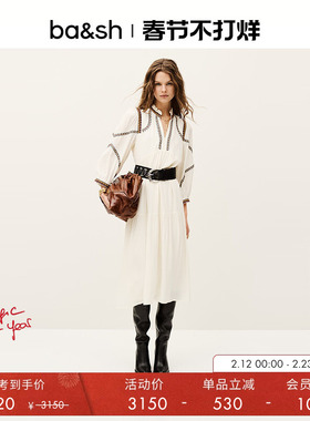 bash春季法式仙女风波西米亚V领刺绣海边沙滩白色连衣裙1E25TUNI