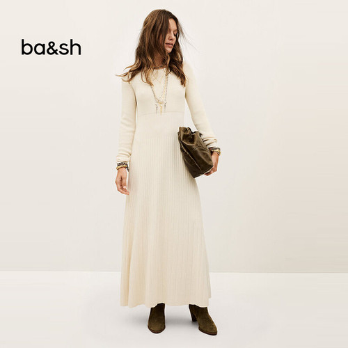 bash秋季简约修身米白色针织长袖连衣裙女款极简主义长裙1H25ELIS