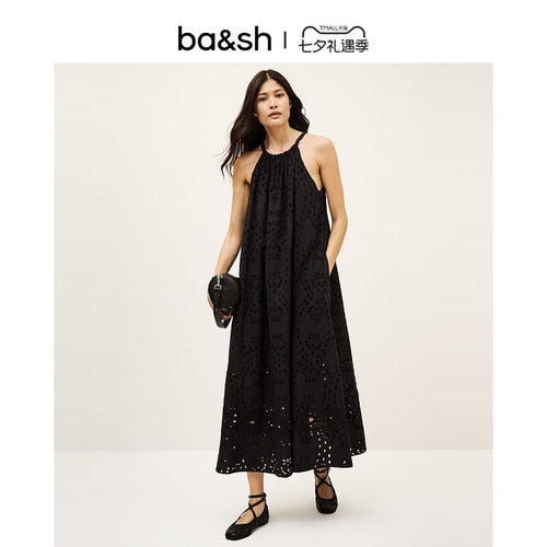 bash夏季法式宽松度假风刺绣镂空连衣裙挂脖吊带黑色长裙1H25BONI