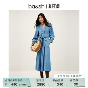 长袖 简约复古牛仔蓝色女装 V领休闲连衣裙长裙1H25LIA 法式 bash春季