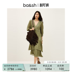 bash春季 度假休闲V领收腰连衣裙波点层叠荷叶边长裙1H25MAIA 法式
