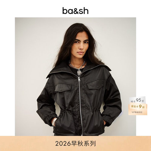 bash2026新款秋季休闲酷飒风黑色短外套翻领抽绳收腰夹克1H26INDR