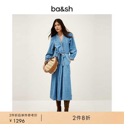 牛仔蓝女装裙子长袖V领连衣裙