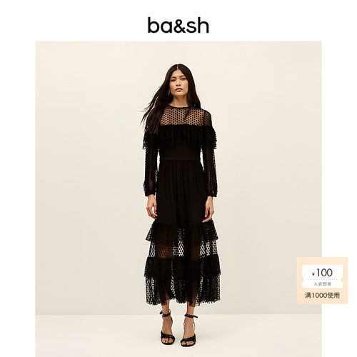 bash夏季法式气质波点透视设计蛋糕裙女士长袖连衣裙长裙1H25RITA