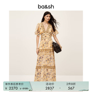 法式 2件8折 bash春季 V领印花连衣裙1E25ALIA 波西米亚风短袖
