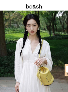 bash夏季知性少女法式气质双层裙摆垂坠感白色长袖连衣裙1E25PLUM