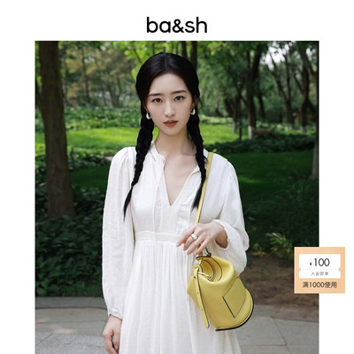 bash夏季知性少女法式气质双层裙摆垂坠感白色长袖连衣裙1E25PLUM