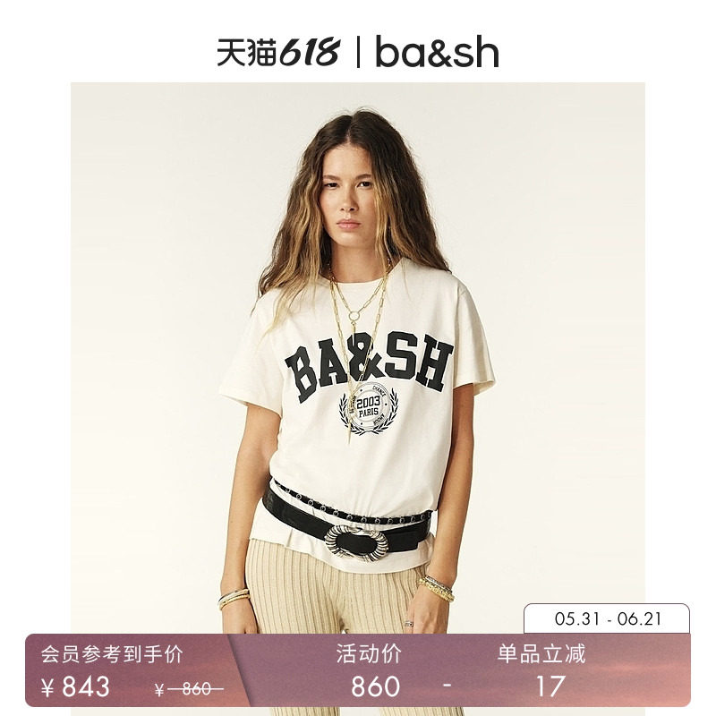 bash夏季女款短袖通勤穿搭字母印花休闲法式棉质正肩T恤1H24IONI