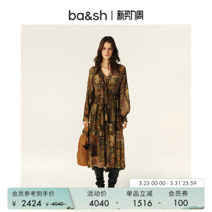 连衣裙1H25PIER 复古印花度假风茶歇裙女长袖 bash春季 绮梦鎏金法式