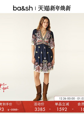 bash春季裙子法式复古度假风印花连衣裙女装V领连身裙1H24LEVI