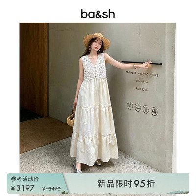 bash2026新款夏季松弛度假风米白钩花镂空无袖棉质连衣裙1E26SAIL
