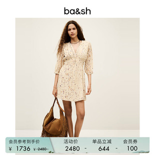 度假风印花连身短裙女收腰v领五分袖 连衣裙1H25KANI 法式 bash春季