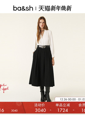 bash冬季黑白拼色假两件正装通勤法式V领长袖长裙连衣裙1H24VIOL