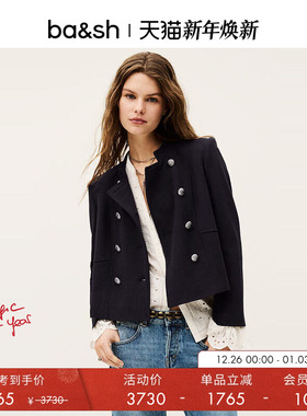 bash冬季法式经典干练通勤女绵羊毛混纺正肩双排扣短外套1E25MISL