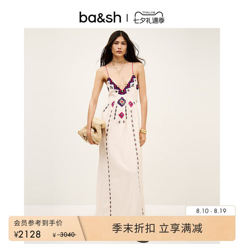 bash夏季波西米亚度假风露背V领无袖连衣裙吊带连身长裙1E25POEM