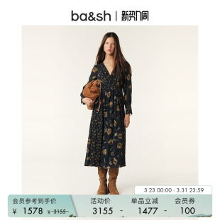 bash春季 复古蒲公英印花V领中长裙子女士显瘦连衣裙1H24FINA 法式