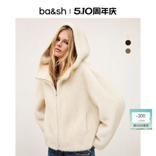 bash冬季 简约纯色毛绒绒羊羔环保皮草连帽女士短外套大衣1H25PAND