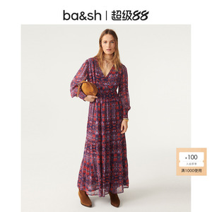 bash夏季波西米亚度假风复古印花垂坠感优雅百褶连衣裙女1E23DARY
