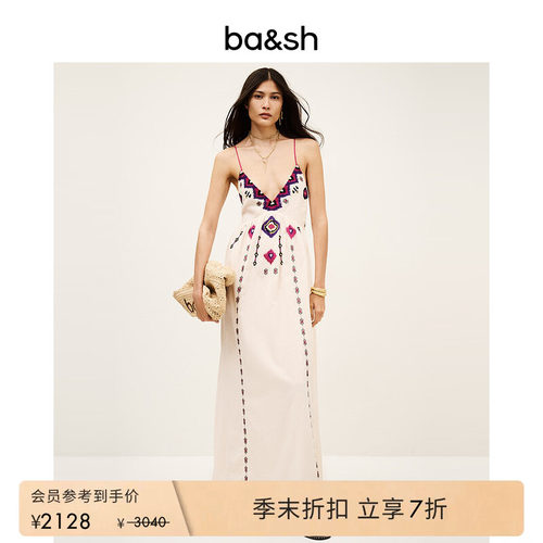 bash夏季波西米亚度假风露背V领无袖连衣裙吊带连身长裙1E25POEM