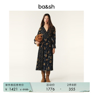 bash春季 法式 复古蒲公英印花V领连衣裙长裙1H24FINA 2件8折