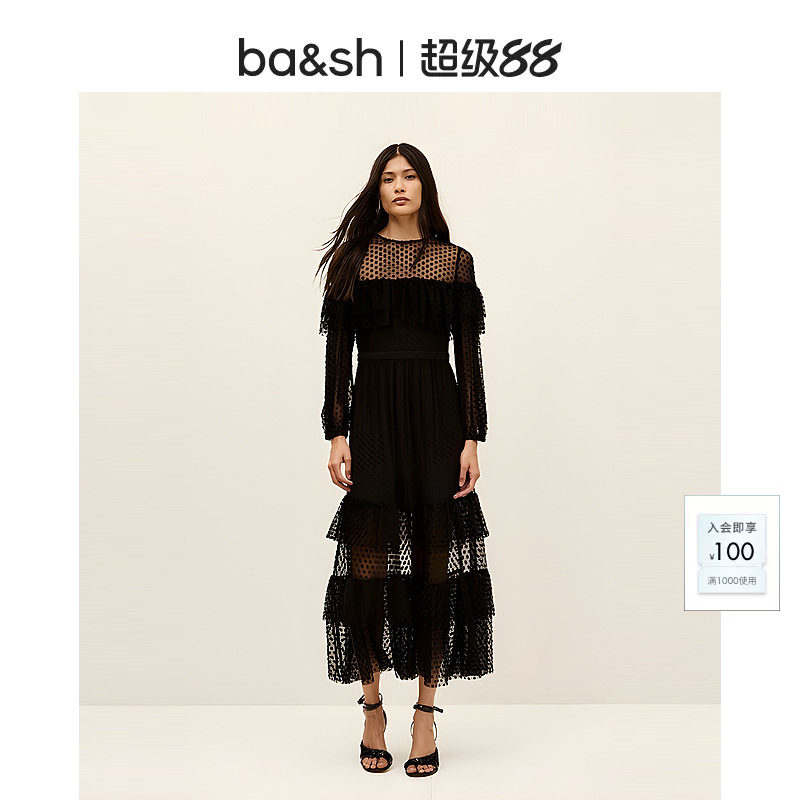 bash秋季法式气质波点透视设计蛋糕裙女士长袖连衣裙长裙1H25RITA图片