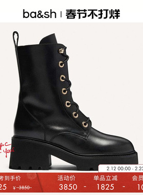 bash率性机车风中筒靴系带黑色英伦风粗高跟靴子女士鞋履2H23CIMO