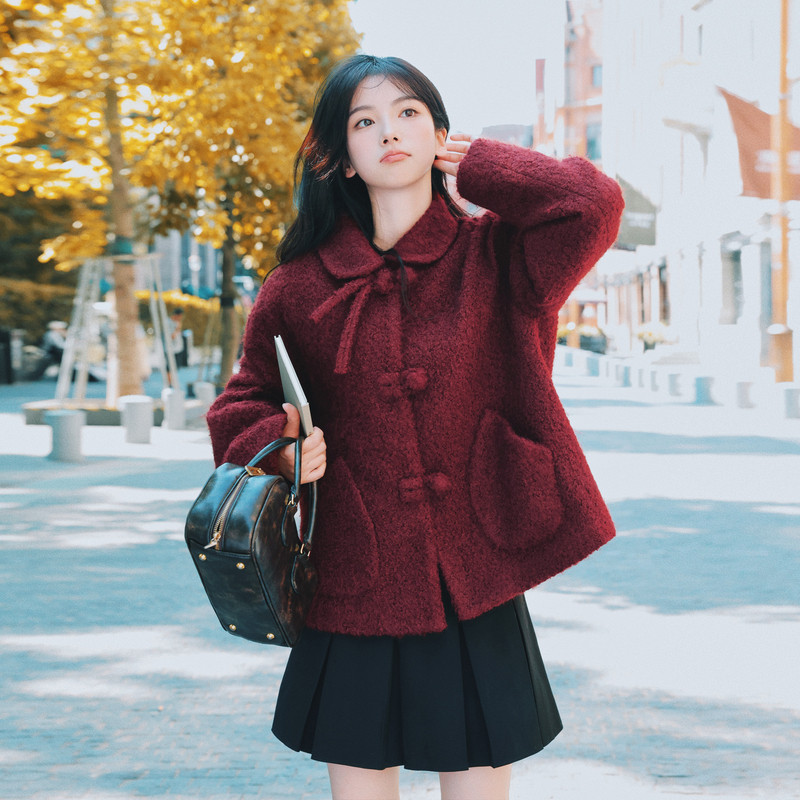 【出货中】25冬季圈圈呢酒红夹棉呢大衣C021-3106-P175控268,女装毛呢外套,2C021