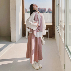 粉色高级感长袖衬衫牛仔马甲套装裙女2025秋新款复古半身裙三件套图片