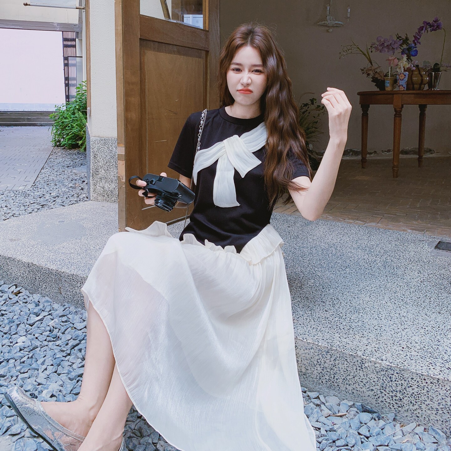 撞色拼接设计感蝴蝶结装饰连衣裙女法式甜美风2025夏新款减龄长裙,女装连衣裙,2C021