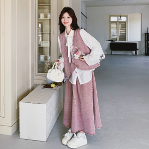 粉色高级感长袖衬衫牛仔马甲套装裙女2025秋新款复古半身裙三件套图片