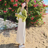【26春款大货】果绿色麂皮外套+背心裙两件套C021-B08-P165控248，女装套装/套裙，2C021