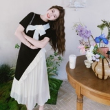 撞色拼接设计感蝴蝶结装饰连衣裙女法式甜美风2025夏新款减龄长裙，女装连衣裙，2C021