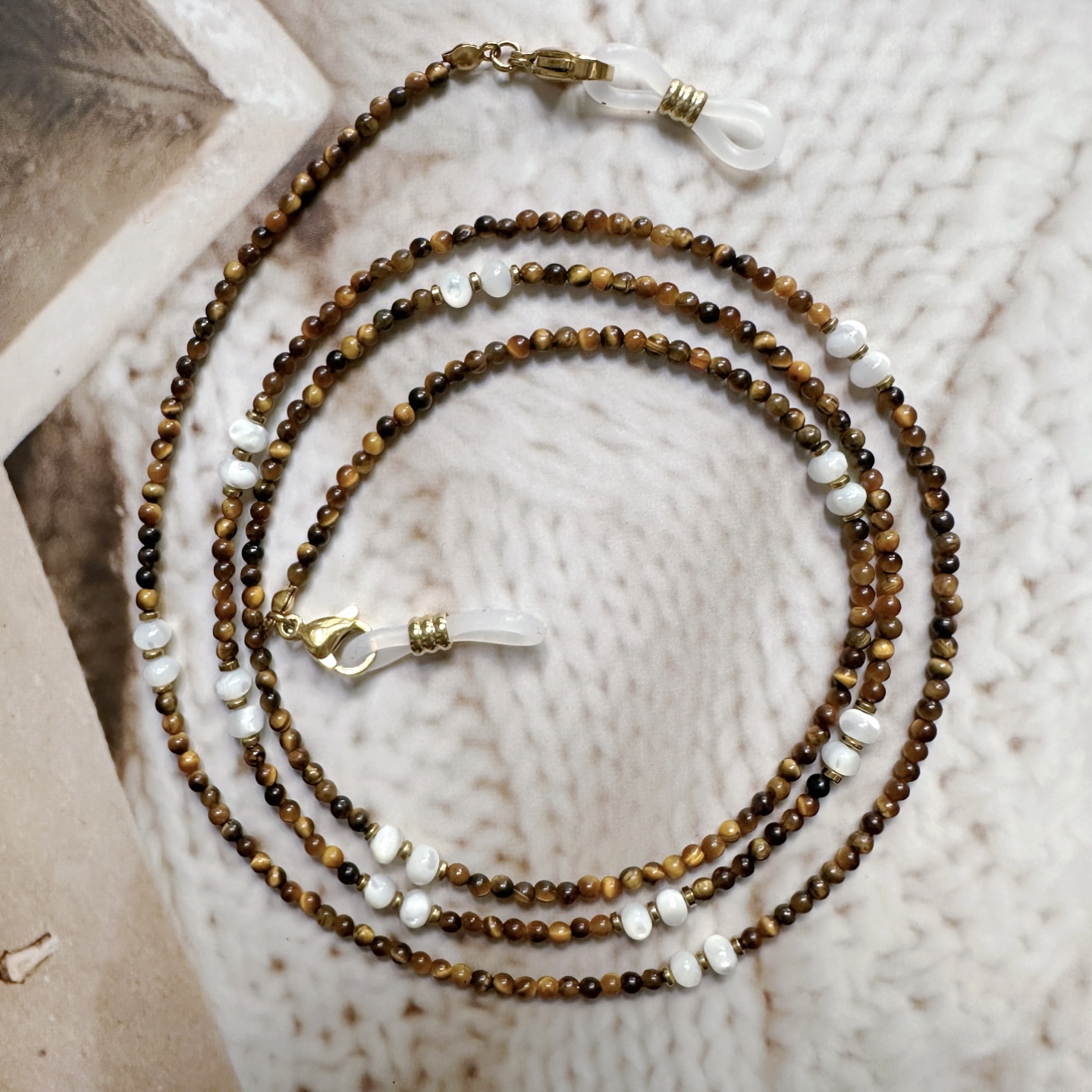 天然手工虎眼石贝壳眼镜链女口罩耳机挂脖绳精致项链百搭太阳192