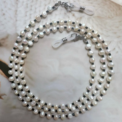 天然巴洛克淡水珍珠黑白小香风眼镜链带口罩眼镜挂脖绳毛衣项038