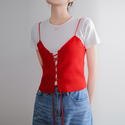 红色设计感绑带针织吊带女 薇颂2025春夏新款韩版小众百搭小背心