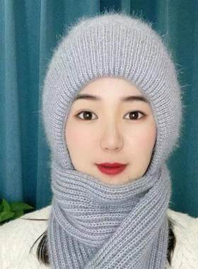 针织帽子女士加绒松鼠绒冬天洋气好看的帽子带围巾一体保暖风雪帽