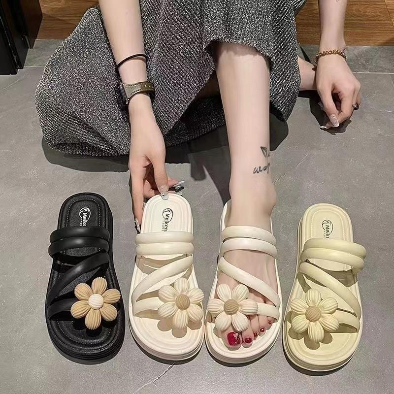花朵凉鞋女夏厚底绑带仙女风凉拖外穿外出海边两穿拖鞋露趾罗马鞋