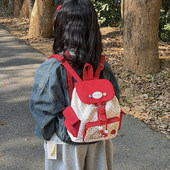 双肩包新款 精致小孩子波点拼色书包儿童吸睛艳红卡通猫咪刺绣背包