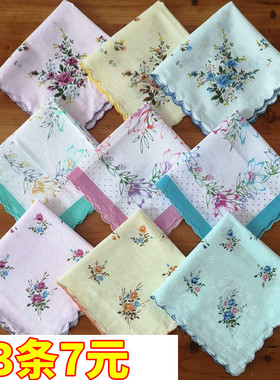 3条小手帕 碎花 月牙边纯棉女士儿童汗巾老人全棉手绢老式怀旧