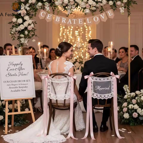 2PCS Lace Just Married Chair Sign for Bride & Groom Wedding